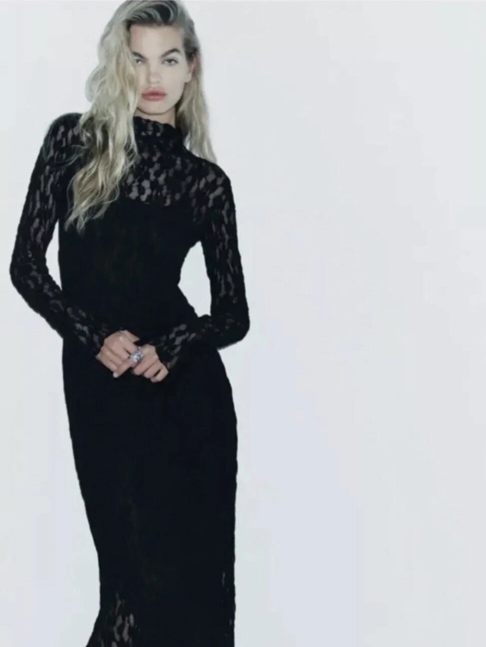Zara Lace Midi Dress High Neck Long Sleeves Black XS